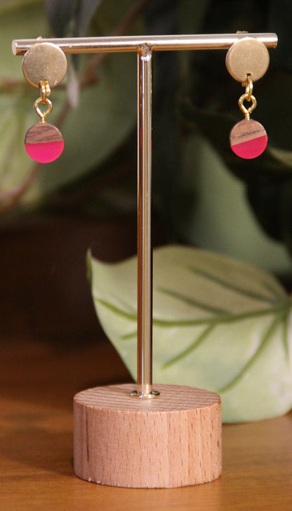 Small Bright Pink Resin Wood Earrings