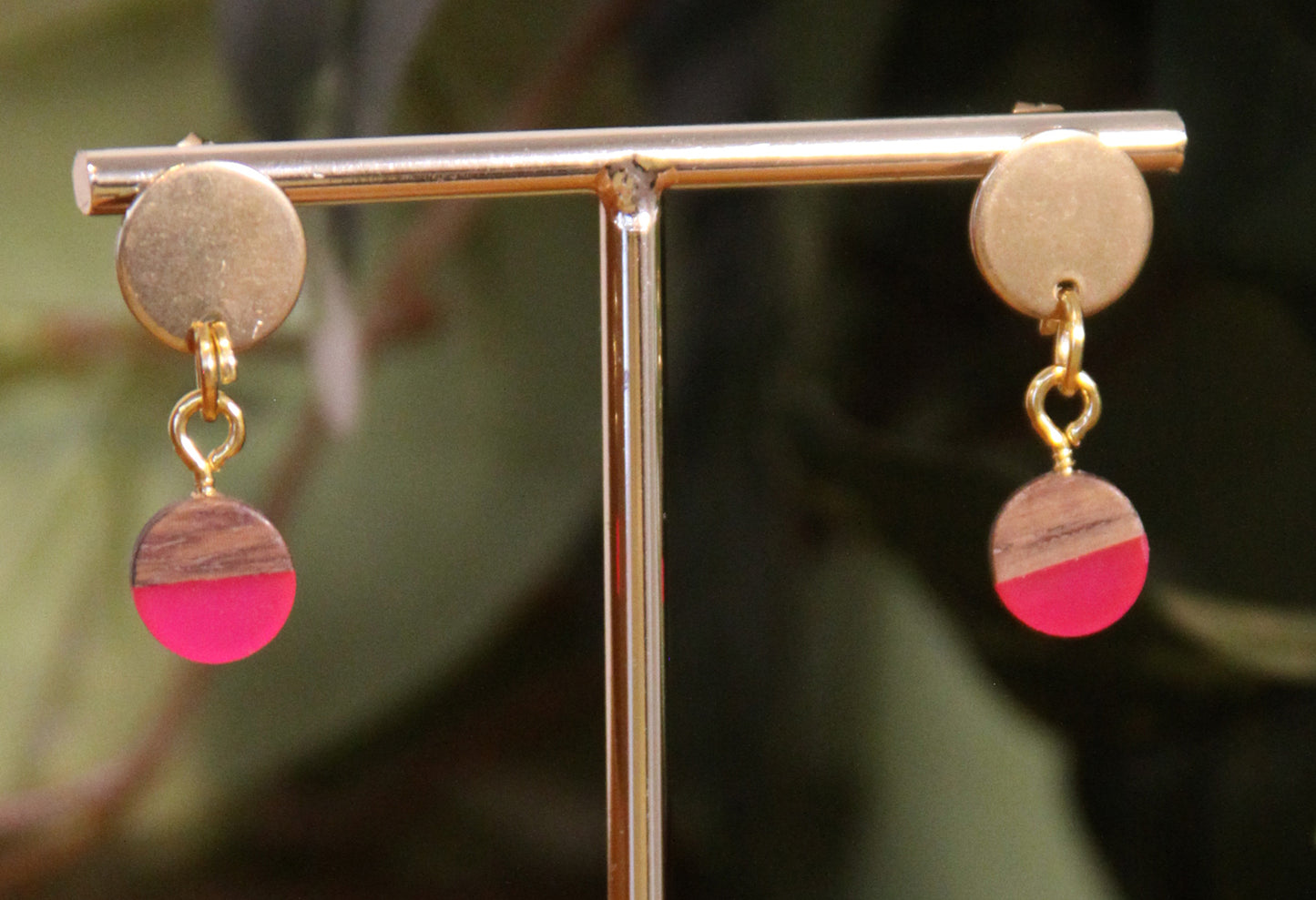 Small Bright Pink Resin Wood Earrings