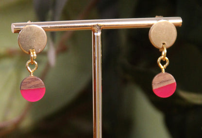 Small Bright Pink Resin Wood Earrings
