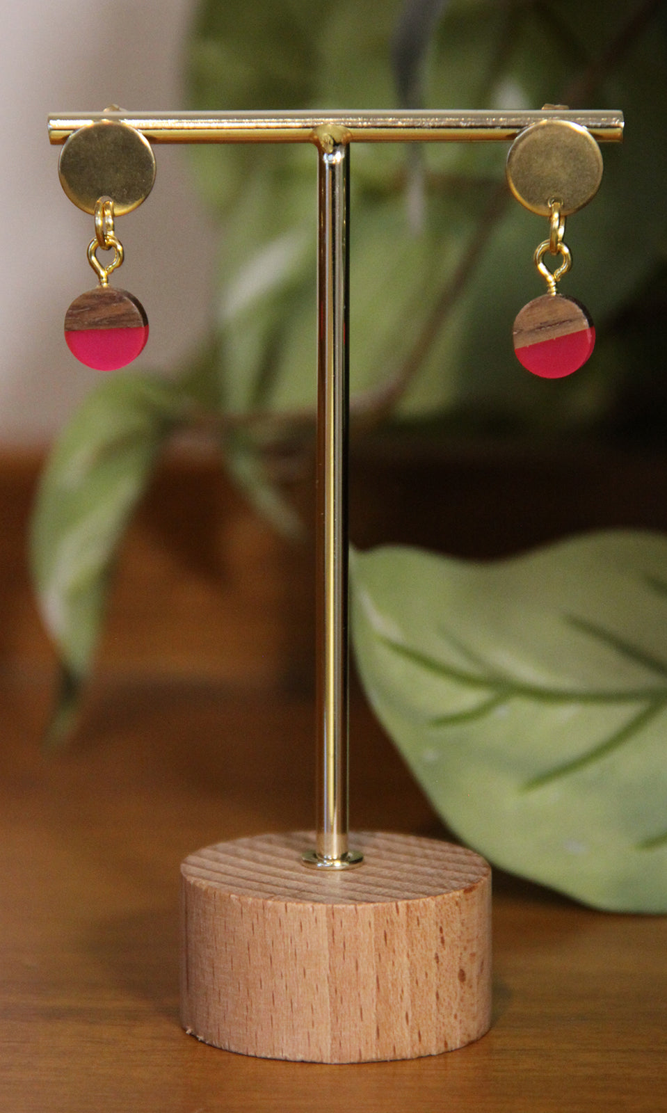 Small Bright Pink Resin Wood Earrings