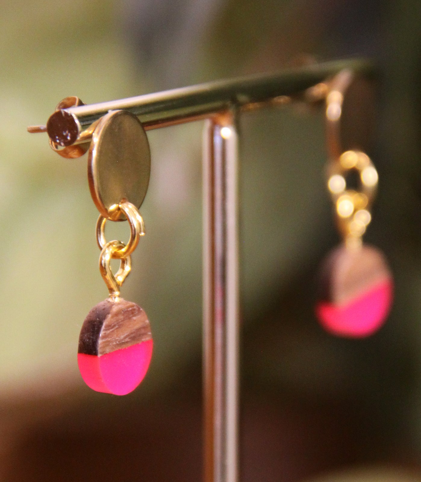 Small Bright Pink Resin Wood Earrings