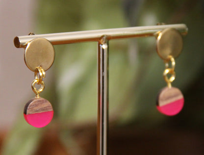Small Bright Pink Resin Wood Earrings