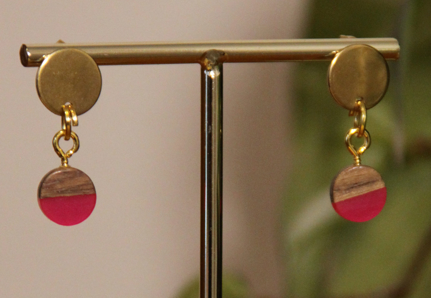 Small Bright Pink Resin Wood Earrings