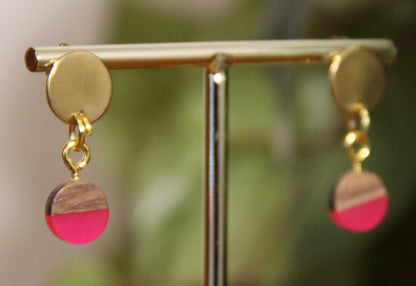 Small Bright Pink Resin Wood Earrings