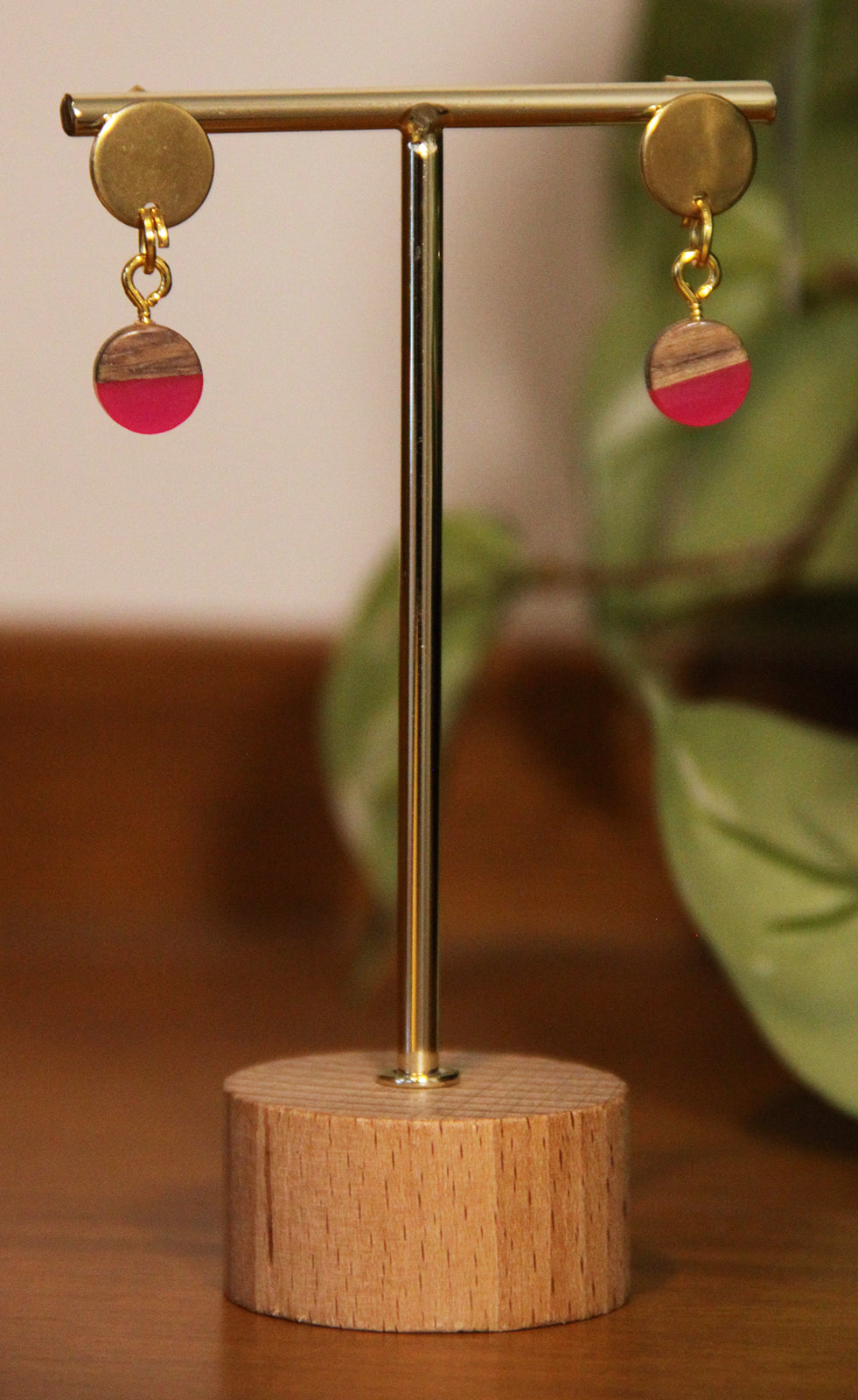 Small Bright Pink Resin Wood Earrings