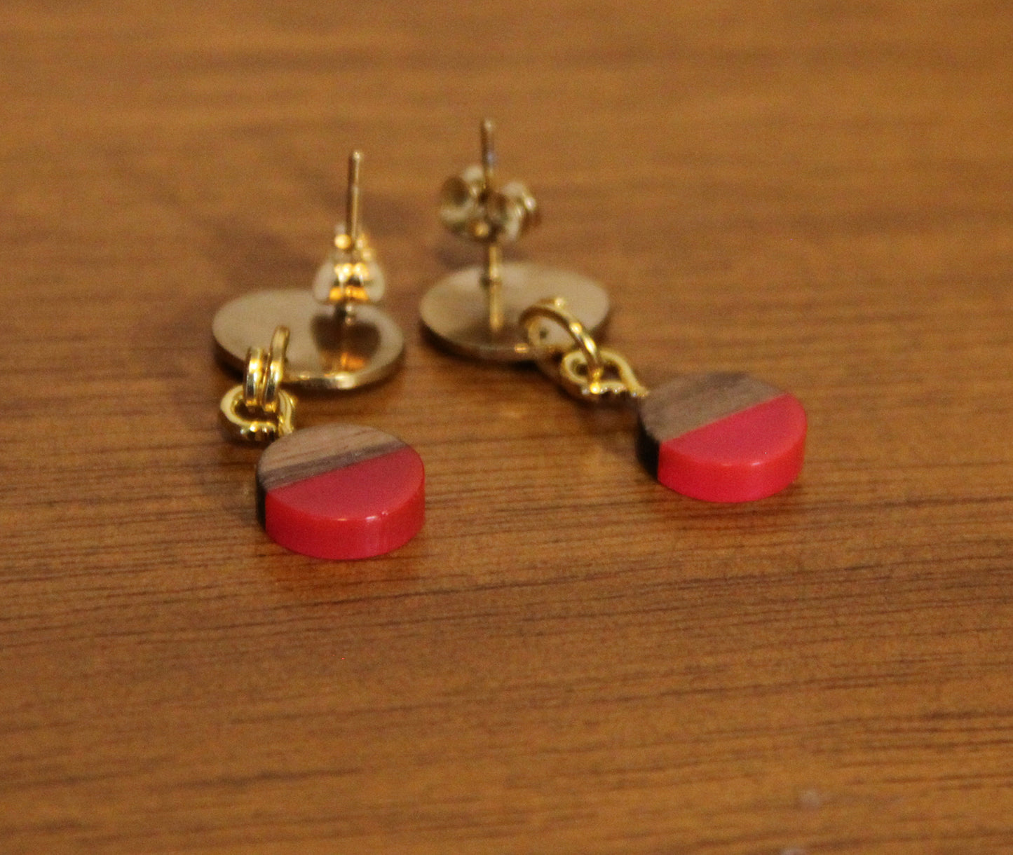 Small Bright Pink Resin Wood Earrings