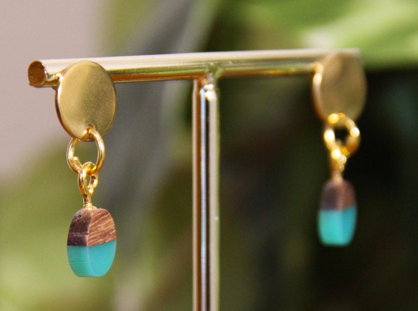 Small Teal Resin Wood Earrings