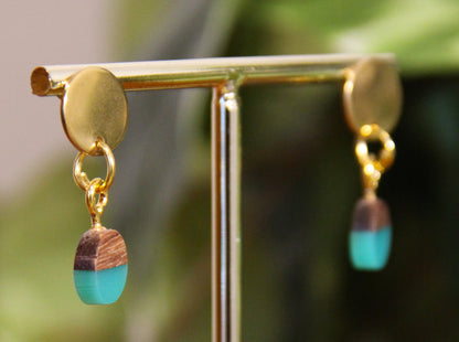 Small Teal Resin Wood Earrings