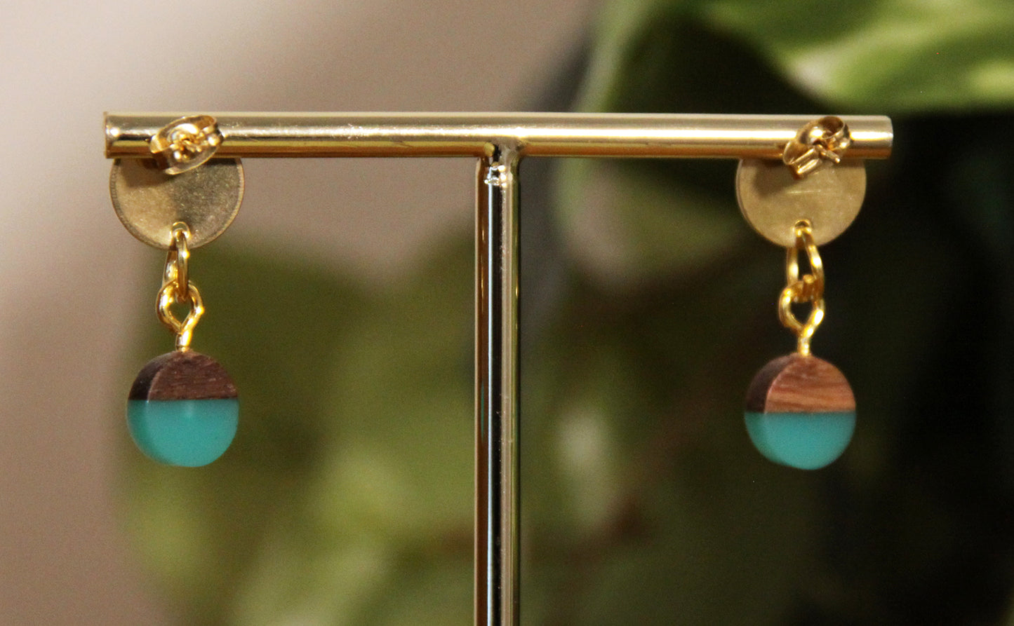 Small Teal Resin Wood Earrings