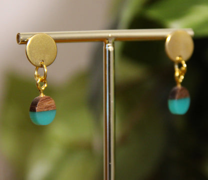 Small Teal Resin Wood Earrings