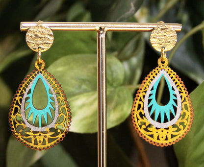 Light Blue and Gold Teardrop Filigree Earrings