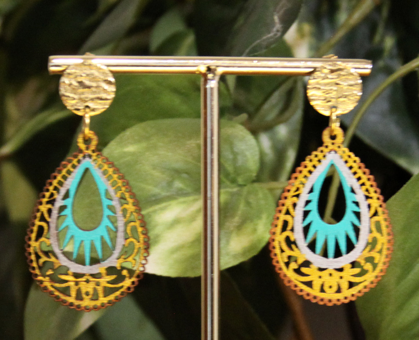 Light Blue and Gold Teardrop Filigree Earrings
