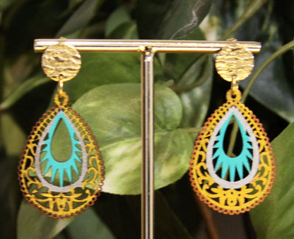 Light Blue and Gold Teardrop Filigree Earrings