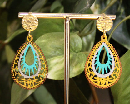 Light Blue and Gold Teardrop Filigree Earrings