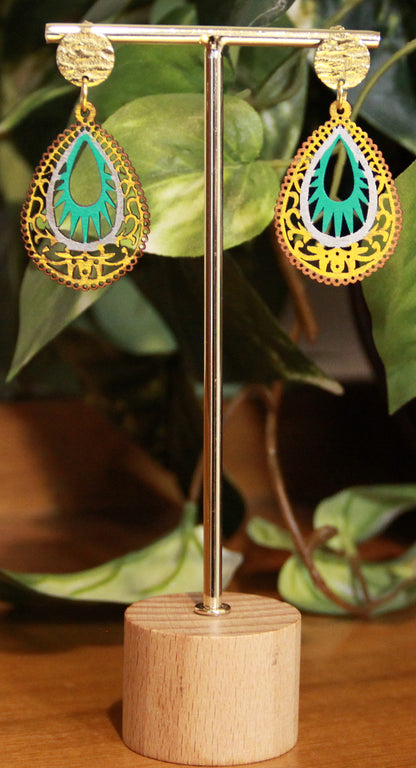 Light Blue and Gold Teardrop Filigree Earrings