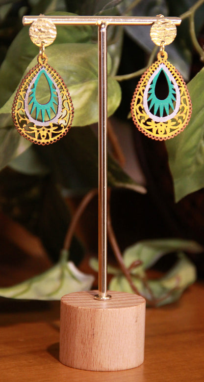Light Blue and Gold Teardrop Filigree Earrings