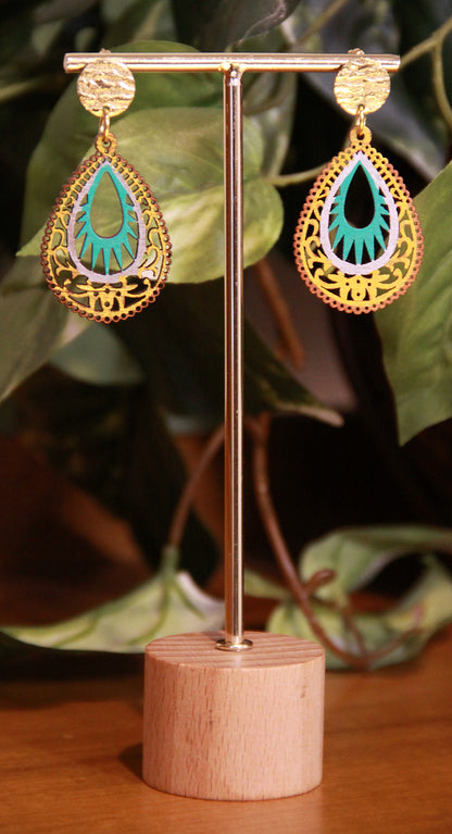 Light Blue and Gold Teardrop Filigree Earrings