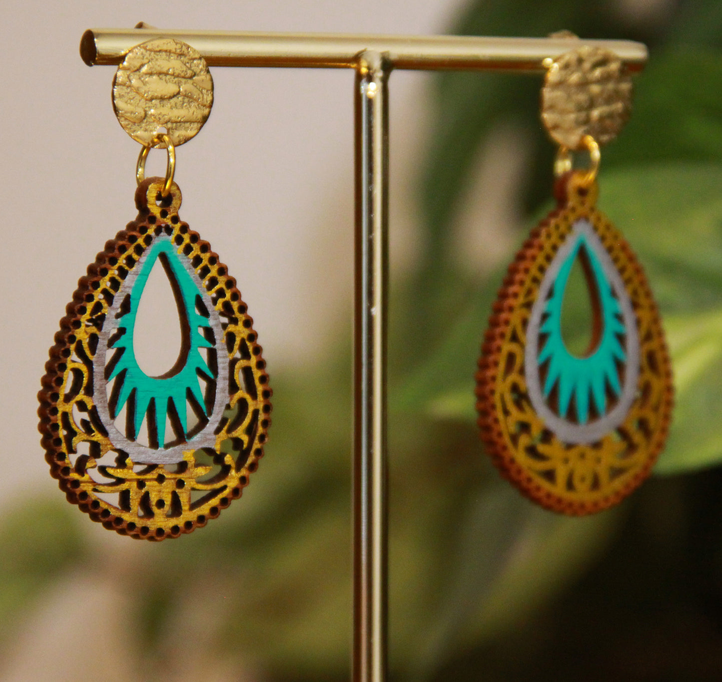 Light Blue and Gold Teardrop Filigree Earrings