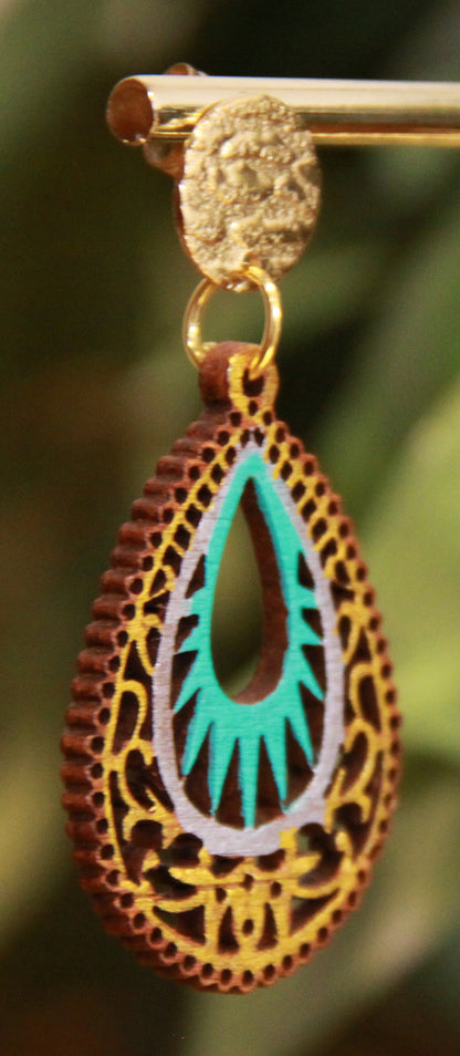 Light Blue and Gold Teardrop Filigree Earrings