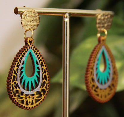 Light Blue and Gold Teardrop Filigree Earrings