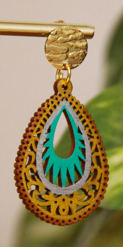 Light Blue and Gold Teardrop Filigree Earrings