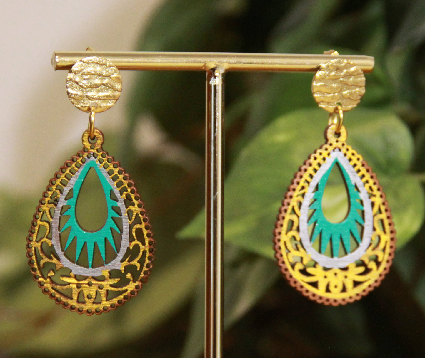 Light Blue and Gold Teardrop Filigree Earrings