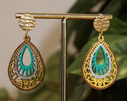 Light Blue and Gold Teardrop Filigree Earrings