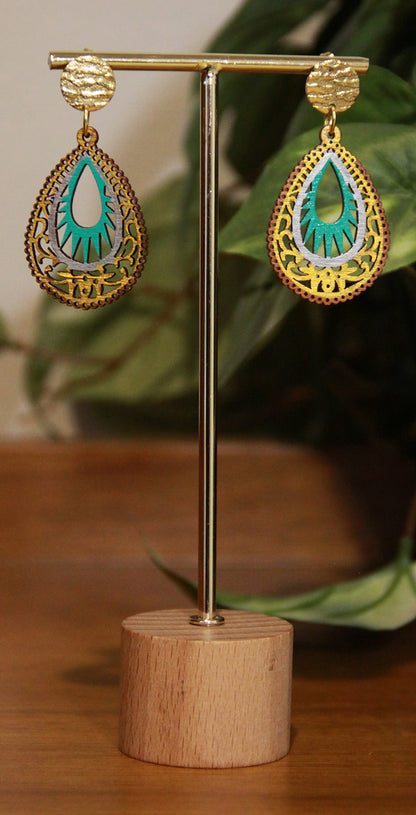 Light Blue and Gold Teardrop Filigree Earrings