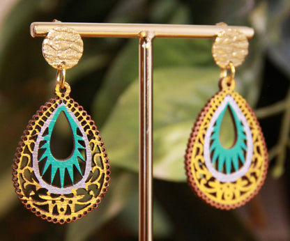 Light Blue and Gold Teardrop Filigree Earrings