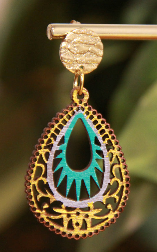 Light Blue and Gold Teardrop Filigree Earrings