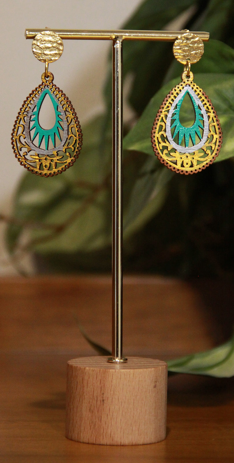 Light Blue and Gold Teardrop Filigree Earrings
