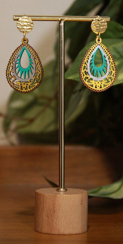Light Blue and Gold Teardrop Filigree Earrings