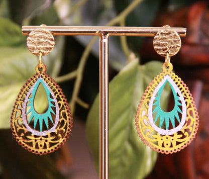 Light Blue and Gold Teardrop Filigree Earrings