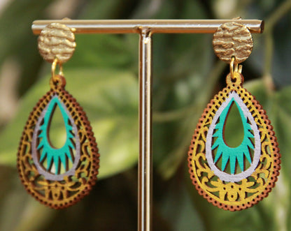 Light Blue and Gold Teardrop Filigree Earrings