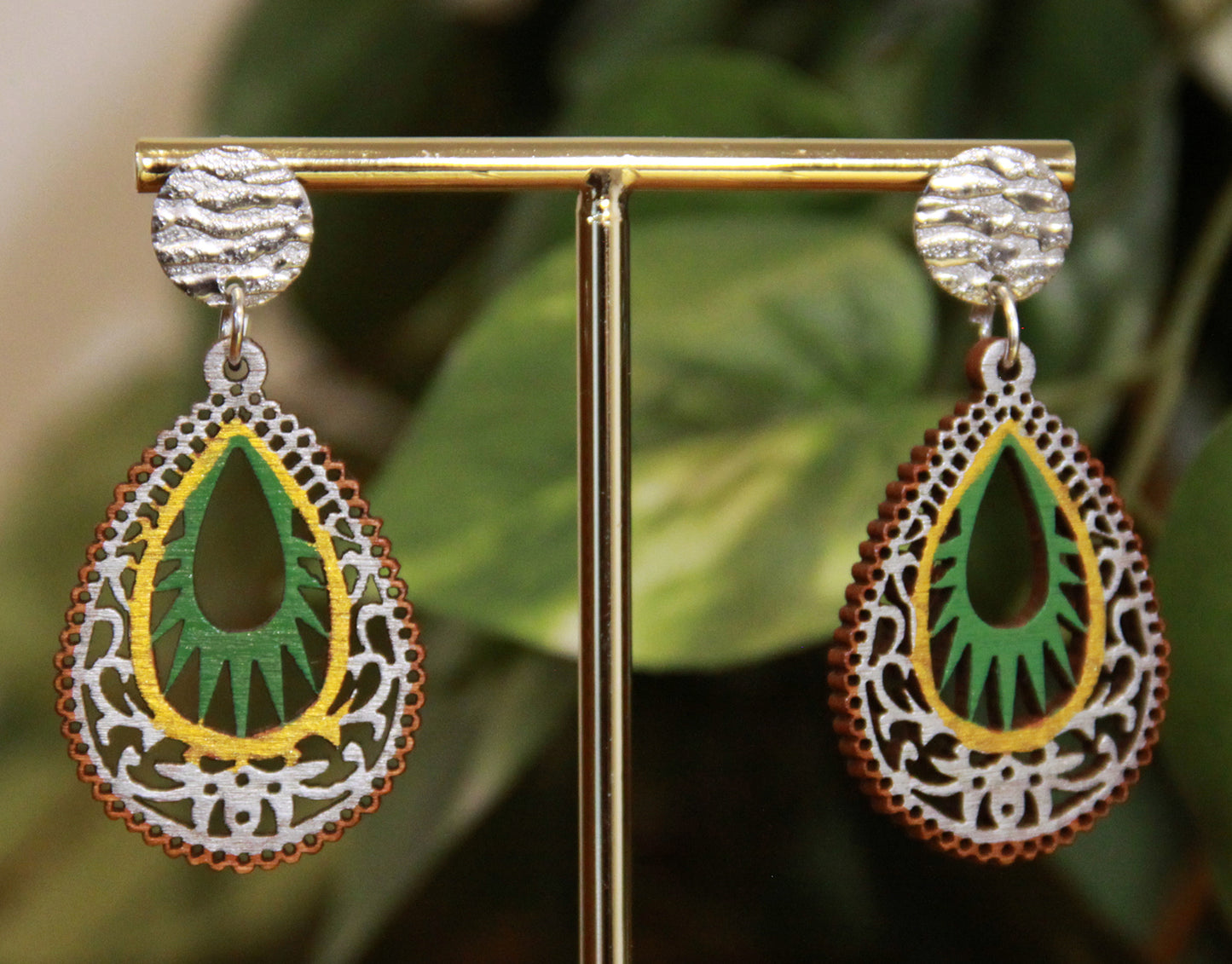 Green, Gold and Silver Teardrop Filigree Earrings