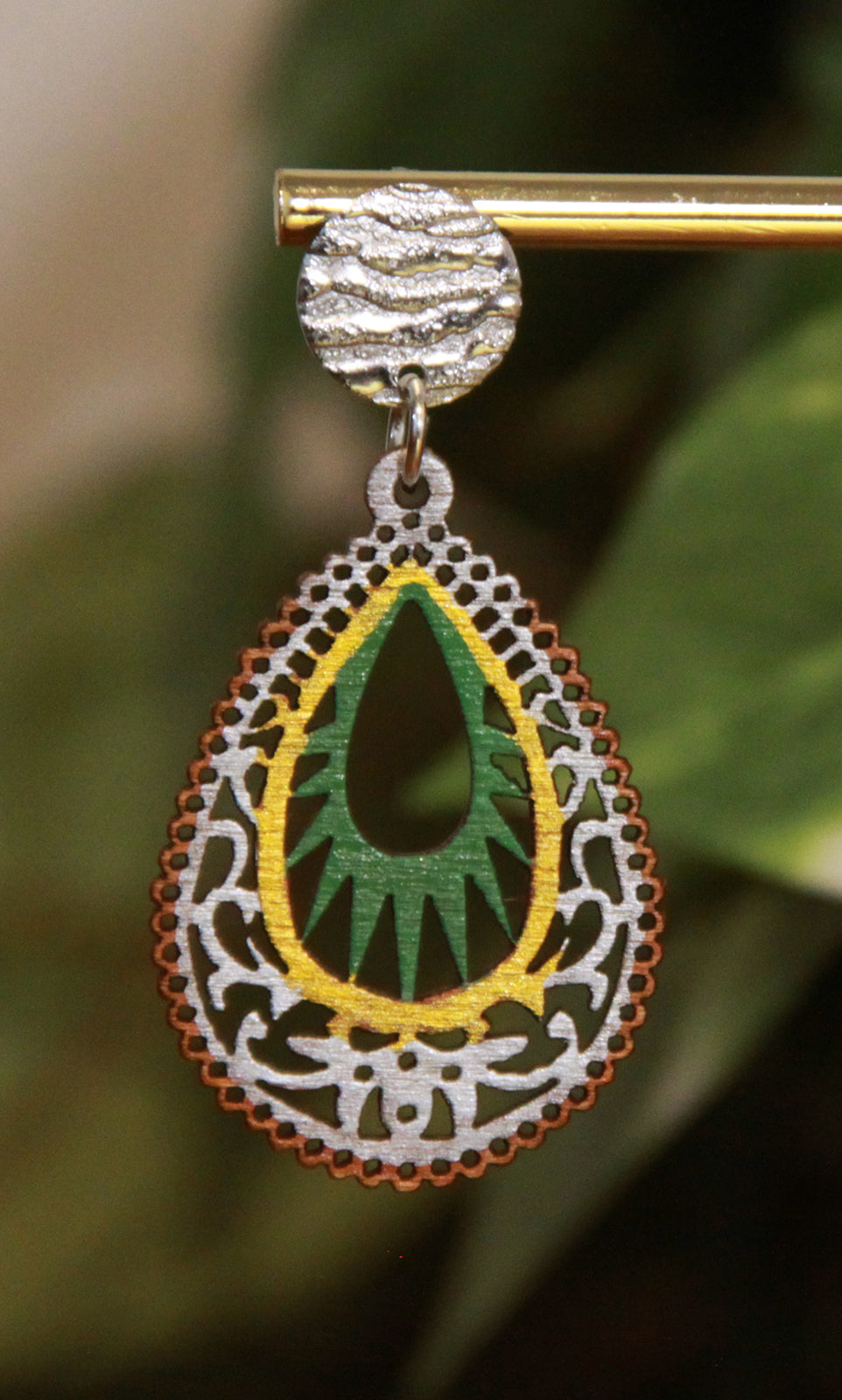 Green, Gold and Silver Teardrop Filigree Earrings