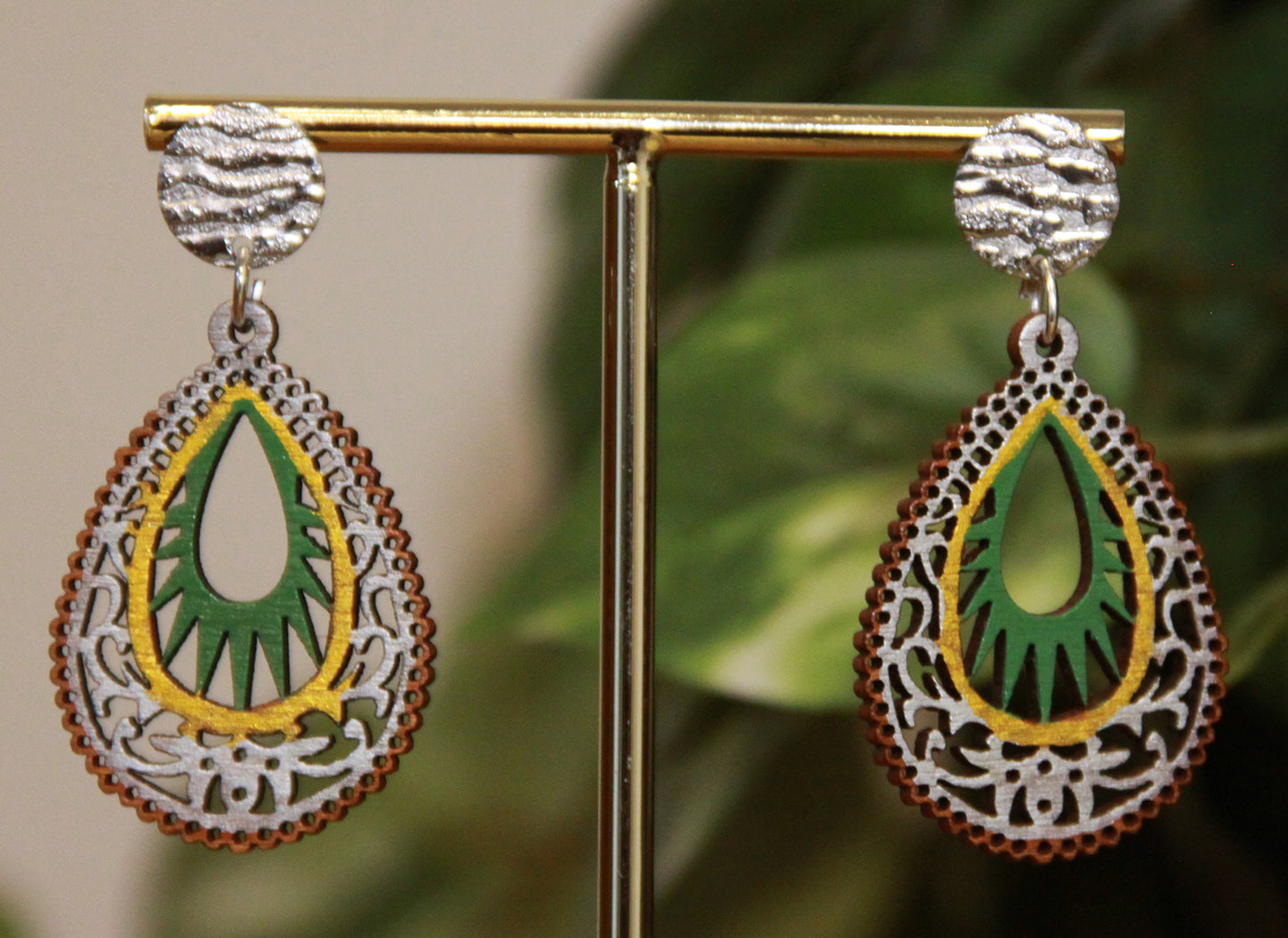 Green, Gold and Silver Teardrop Filigree Earrings