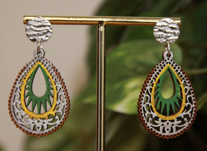Green, Gold and Silver Teardrop Filigree Earrings