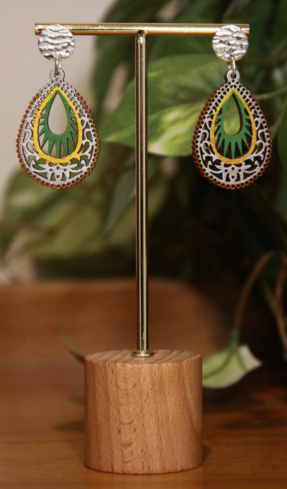 Green, Gold and Silver Teardrop Filigree Earrings