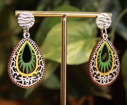Green, Gold and Silver Teardrop Filigree Earrings