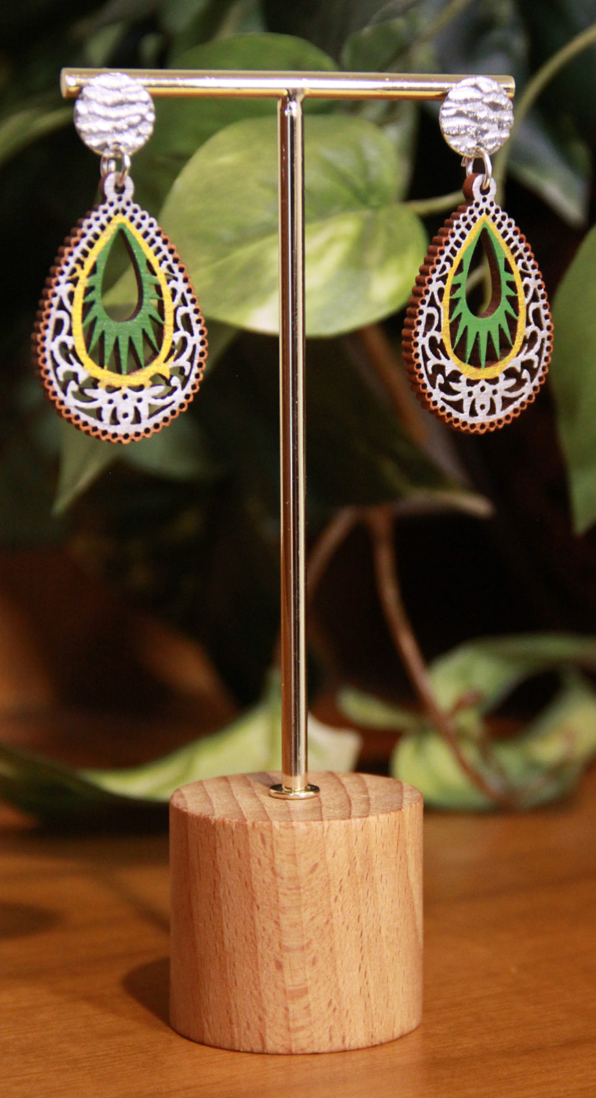 Green, Gold and Silver Teardrop Filigree Earrings