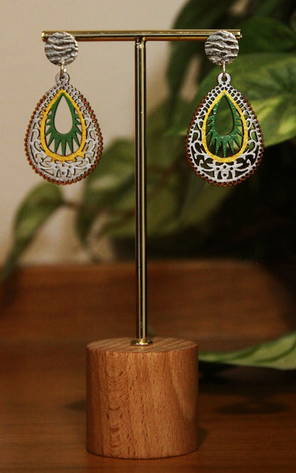 Green, Gold and Silver Teardrop Filigree Earrings