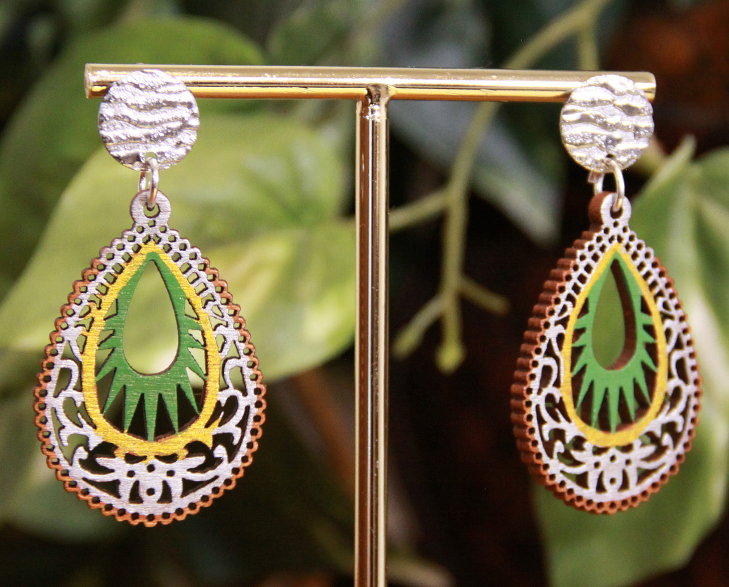 Green, Gold and Silver Teardrop Filigree Earrings