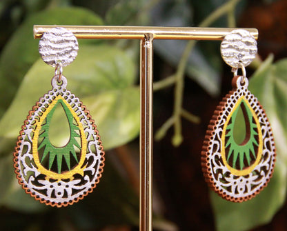 Green, Gold and Silver Teardrop Filigree Earrings