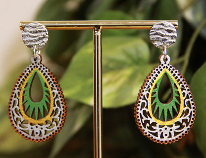 Green, Gold and Silver Teardrop Filigree Earrings