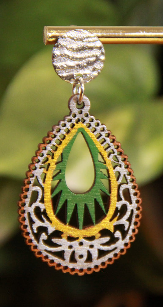 Green, Gold and Silver Teardrop Filigree Earrings