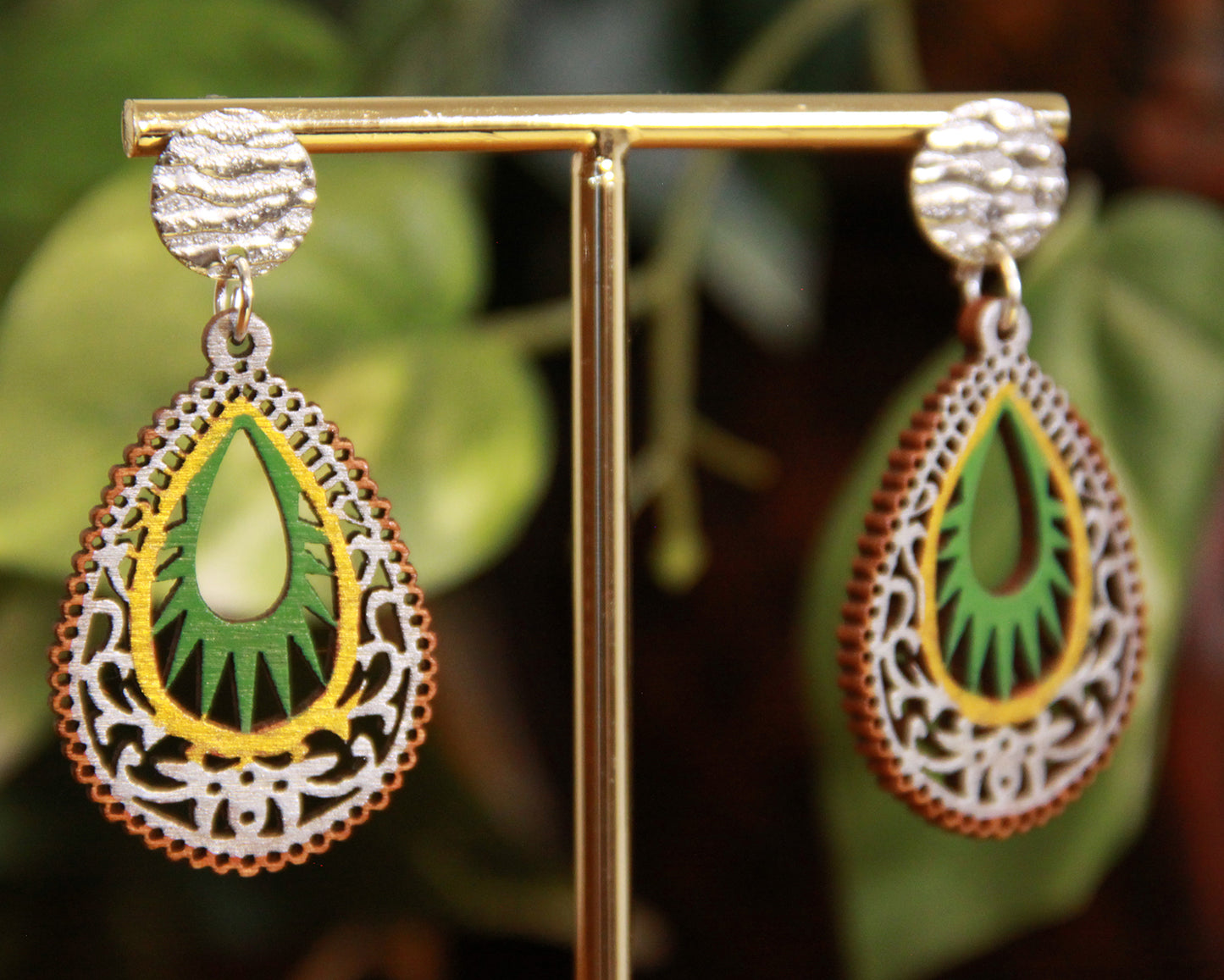 Green, Gold and Silver Teardrop Filigree Earrings