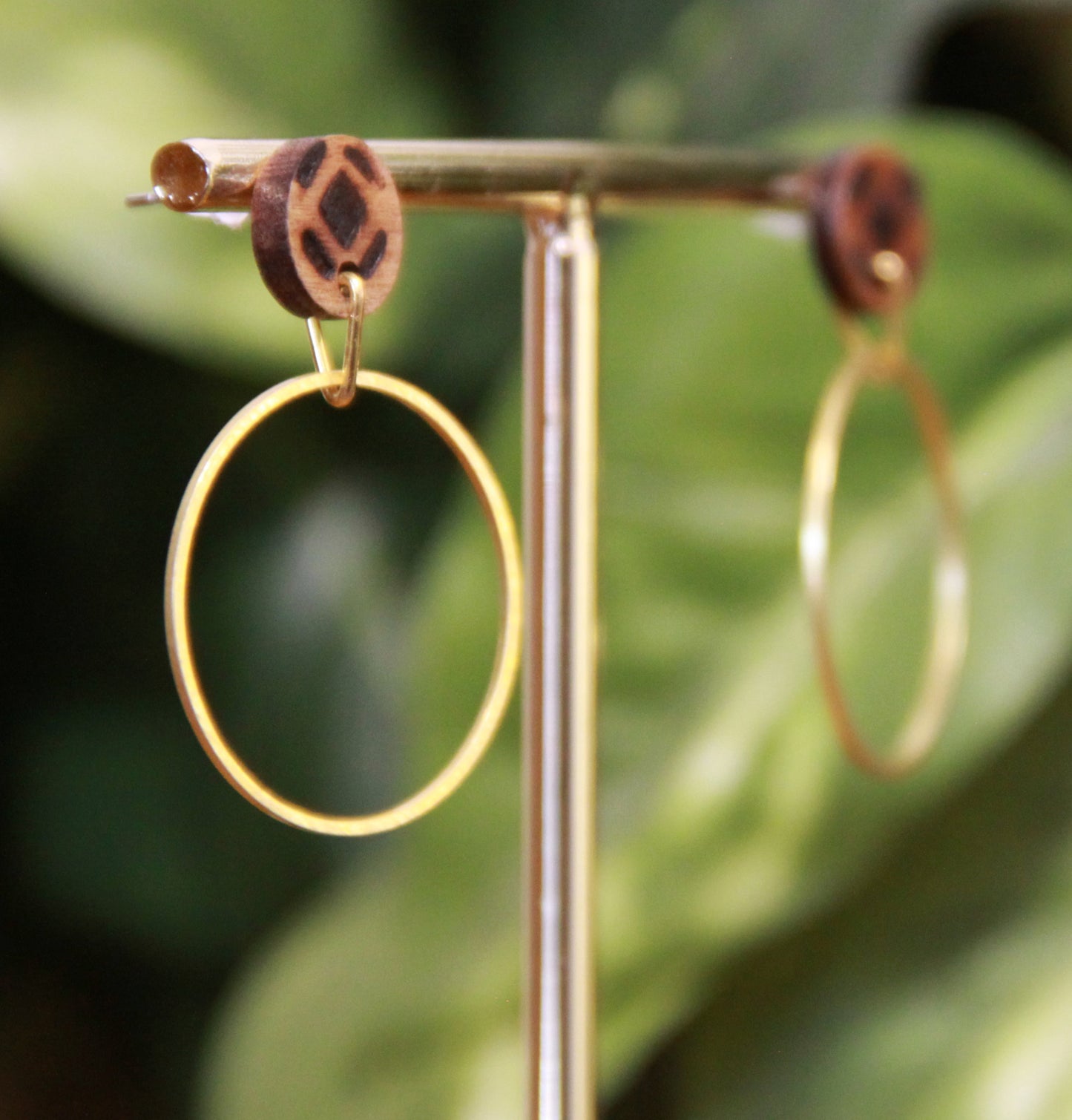 Medium Gold Ring with Wood Stud Earrings