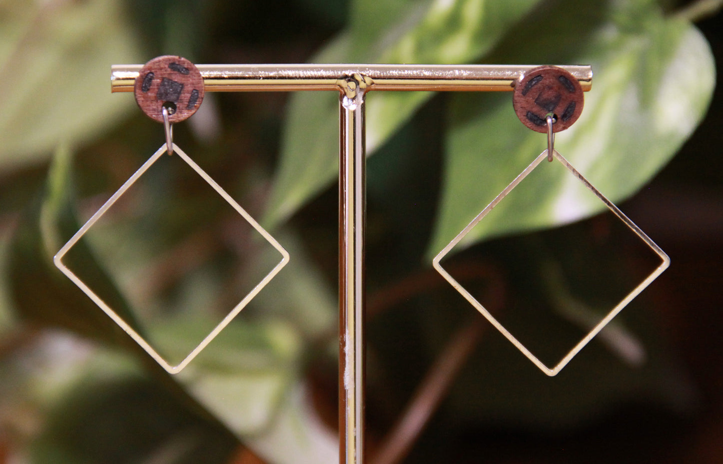 Medium Silver Square with Wood Stud Earrings
