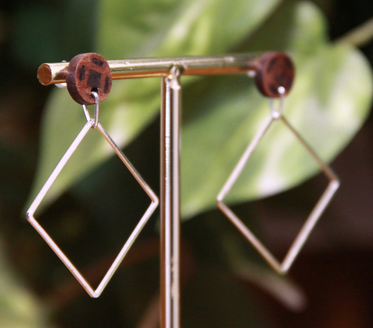 Medium Silver Square with Wood Stud Earrings